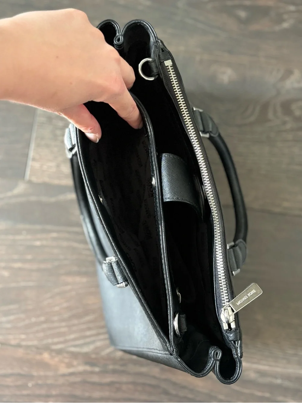 Michael Kors Black Saffiano Leather Purse With Silver Hardware & Crossbody Strap